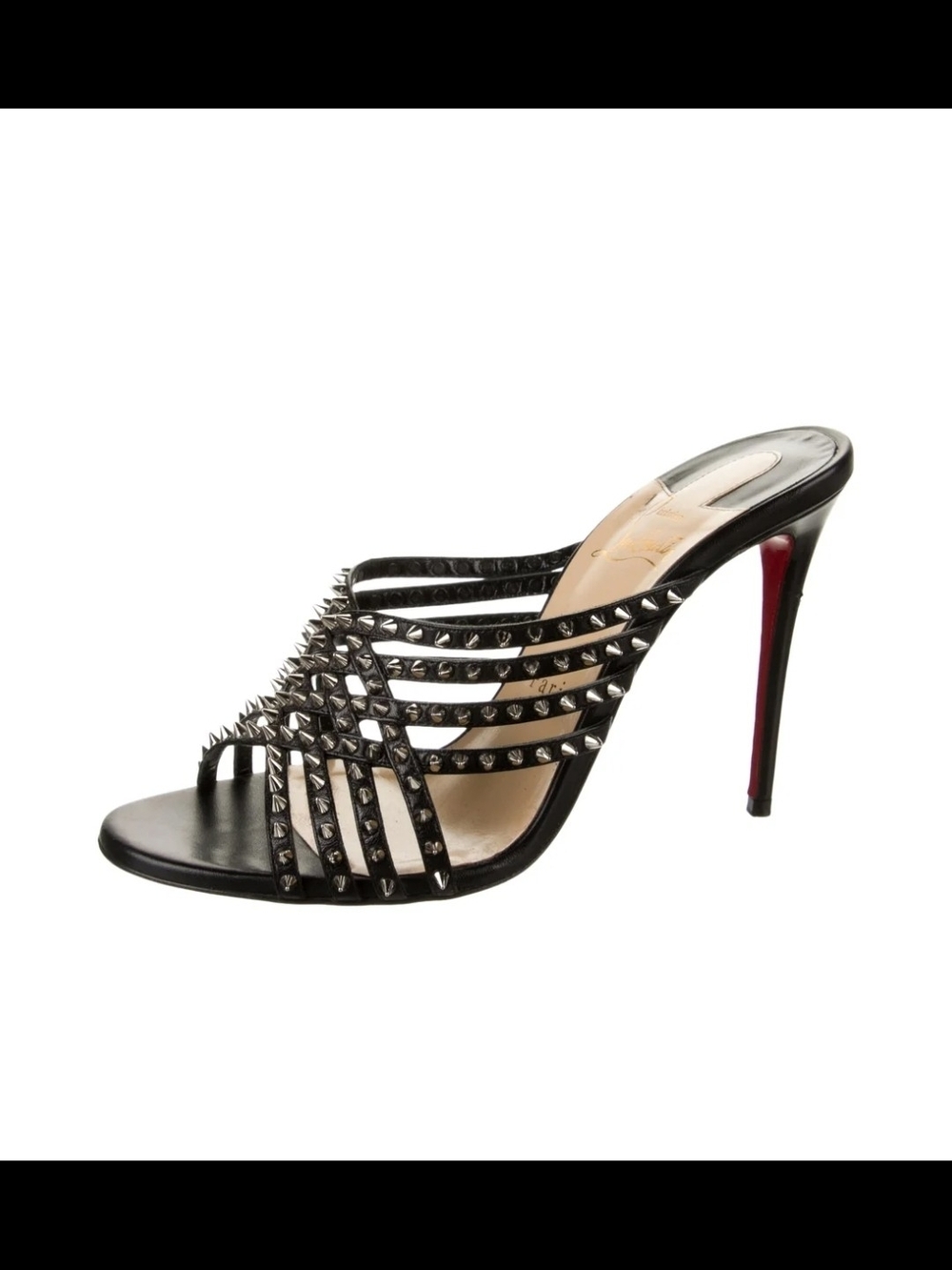 ❤️ RED BOTTOM ❤️ Black Studded Strappy High Heel Mule